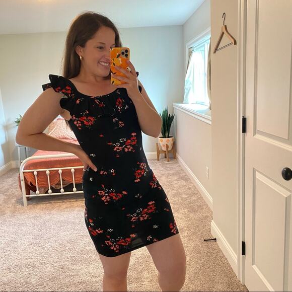 Rebecca Taylor Black Red Floral Cotton Ruffle Bodycon Mini Dress XS - Picture 4 of 12